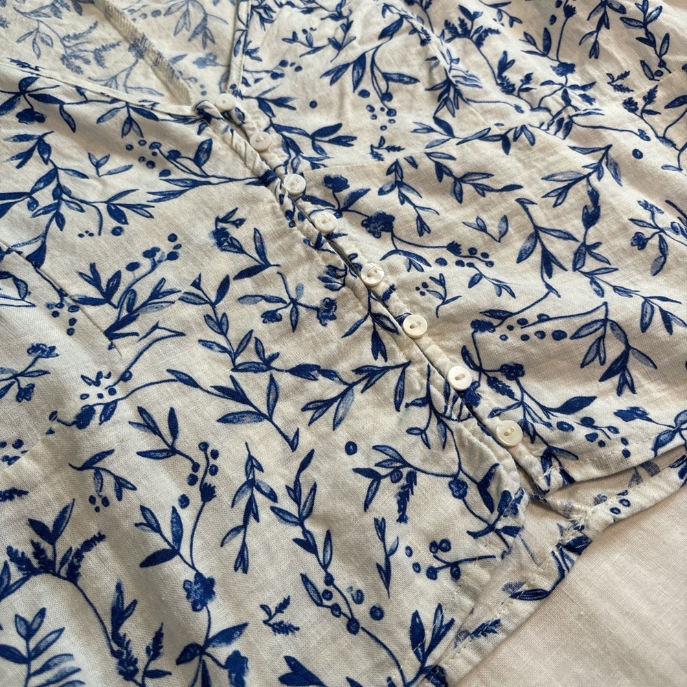 H&M Blue Floral Linen-Blend Puff Sleeve Blouse Size Med Cottagecore - Picture 4 of 7